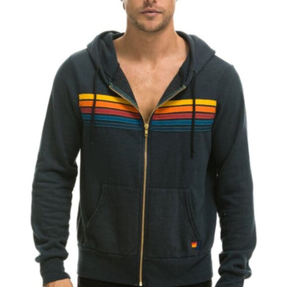 NEW Aviator Nation 5 Stripe Zip Hoodie Sweatshirt Large Charcoal $196 msrp - Picture 2 of 3
